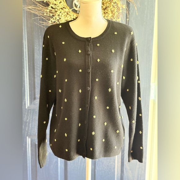 Talbots Merino Wool Black Button Cardigan with Gold Beaded Embellishments size L - Picture 1 of 13